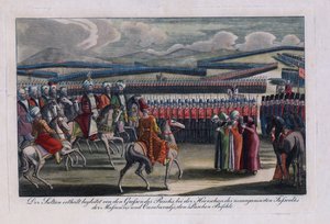 ""Osmanský sultán Selim III. (1761-1808) hodnotí svou novou pěchotu"" Anonymní rytina 1806 Soukromá sbírka od Anonymous Anonymous