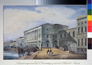 Divadlo Ermitáž v Petrohradě. Anonymní litografie, kolorovaná akvarelem, kolem roku 1840. A. Pushkin Memorial Museum, Saint Petersburg. od Anonymous Anonymous