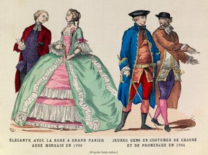 Vlevo: Elegante s velkými košilovými šaty, mondainský abbé v roce 1760/vpravo: Mladí muži v loveckém a vycházkovém obleku v roce 1760 (vláda krále Ludvíka XV.) - soukromá sbírka od Anonymous Anonymous