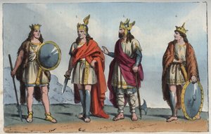 Les Merovingiens - dynastie Merovejců - Pharamond nebo Faramund (- Chlodio (Clodius, Clodion, Cloio nebo Chlogio) (Clodion le Chevelu) (asi 390 - asi 450) - Merovech (Merovee nebo Merowig, asi 412-457) a Clovis (cca 466-511 “- rytina z“ Usi e Costumi di od Anonymous Anonymous