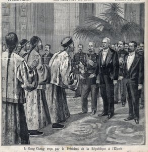Li Hongzhang přijal prezident republiky Felix Faure (1841-1899) v Elysejském paláci. Rytina „Le Petite Parisien““ od Anonymous Anonymous