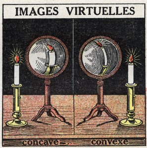 Odraz světla: virtuální obraz s konkávním zrcadlem (vlevo) a konvexním zrcadlem (vpravo). Anonymní ilustrace z roku 1925. Soukromá sbírka. od Anonymous Anonymous