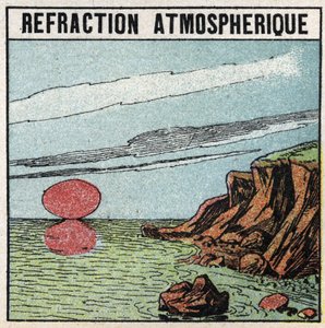 Lom světla: Atmosférický lom vytváří iluzi, že slunce je větší při východu nebo západu než při zenitu. Anonymní ilustrace z roku 1925. Soukromá sbírka. od Anonymous Anonymous
