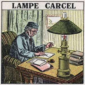 Světelné zdroje: Carcel lampa, vynalezená Guillaume Carcel (1750-1812) a využívající rostlinný olej. Anonymní ilustrace z roku 1925. Soukromá sbírka. od Anonymous Anonymous
