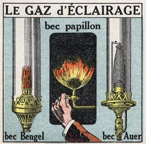 Světelné zdroje: osvětlovací plyn a různé zobáky (motýlí chrlič, Bengelův chrlič, Auerův chrlič). Anonymní ilustrace z roku 1925. Soukromá sbírka. od Anonymous Anonymous