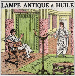 Světelné zdroje: olejová lampa používaná v Antiquite. Anonymní ilustrace z roku 1925. Soukromá sbírka. od Anonymous Anonymous