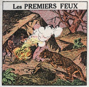 Světelné zdroje: první požáry pravěkých lidí. Anonymní ilustrace z roku 1925. Soukromá sbírka. od Anonymous Anonymous