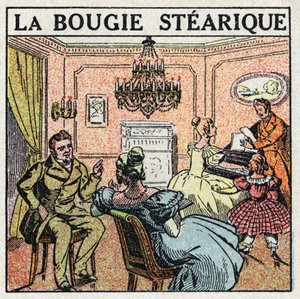 Světelné zdroje: stearová svíčka používaná na lustrech v 19. století. Anonymní ilustrace z roku 1925. Soukromá sbírka. od Anonymous Anonymous