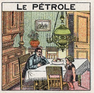 Světelné zdroje: použití olejové lampy. Anonymní ilustrace z roku 1925. Soukromá sbírka. od Anonymous Anonymous
