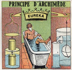 Rovnováha kapalin: Archimedův princip (tlačení těles do vody). Při koupeli si Archiméde ze Syrakus (287 př. n. l. – 212 př. n. l.) všiml, že jeho noha je z vody těžší než ve vodě, a zvolal: „Heuréko! “. Anonymní ilustrace z roku 1925. Pr od Anonymous Anonymous