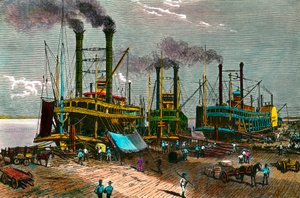 Nakládání bavlny na parní čluny na Mississippi pro New Orleans (New Orleans). Rytina 19. století. Soukromá sbírka od Anonymous Anonymous