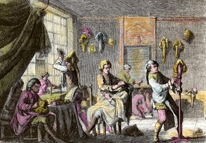 Móda Ludvíka XV.: pohled do interiéru parukového kadeřnictví. Rytina kolem roku 1755. Soukromá sbírka od Anonymous Anonymous