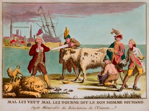 Mal ho chce špatně, řekl dobrý muž richard Památný předmět revolucí vesmíru. Karikatura proti Anglii. 1780, Privee Collection (Britský obchod jako dojná kráva. Obrázky zahrnují: Británie jako spící lev; Kontinentální kongres jako dojná kráva od Anonymous Anonymous