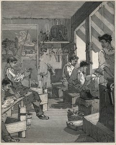 Výroba hřebenů v dílně ve Francii v 19. století. Rytina z roku 1885 v „“Les arts et metiers illustres““ od Adolphe BITARDA. od Anonymous Anonymous