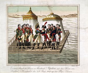 Setkání císařů Alexandra I. Ruského a Napoleona I. Francouzského v Nemanu u Tilsitu - Anonymní - 1807 - Lept, akvarel - 29,7x39,7 - Soukromá sbírka od Anonymous Anonymous