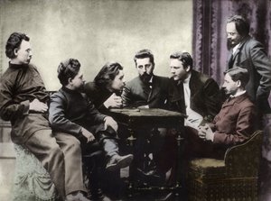 Členové literárního kroužku Sreda, tvořeného v druhé polovině 90. let 19. století ruskými realistickými spisovateli - Portréty ruských intelektuálů literární skupiny Znanie: zleva doprava, Andrej Skitalets (Stephan Gabrilovič Petrov), Leonid Nikolajevič od Anonymous Anonymous