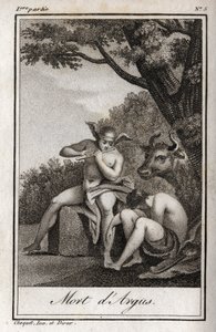 Merkur a Argus (Merkur a Argus). Death of Argus: Mercury hrál na flétnu, aby usnul Argus a vysvobodil nymfu Io, proměněnou v krávu. Rytina z roku 1819 v „Lettres a Emilie sur la mythologie“ od Charlese Alberta Demoustiera (1760-1801). od Anonymous Anonymous