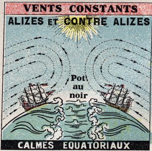 Meteorologie: stálý vítr. Alizes, proti alizes, zóny klidu rovníkové (hrnec v černé barvě). Anonymní ilustrace z roku 1925. Soukromá sbírka. od Anonymous Anonymous