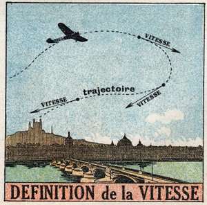 Pohyby: definice rychlosti. Letadlo letící nad městem. Anonymní ilustrace z roku 1925. Soukromá sbírka. od Anonymous Anonymous