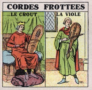 Hudební nástroje: třené strunné nástroje. Hráči krutu a znásilnění ve středověku. Anonymní ilustrace z roku 1925. Soukromá sbírka. od Anonymous Anonymous
