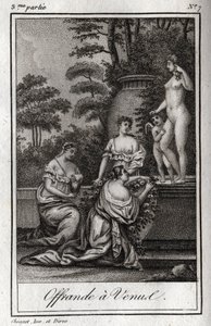 Nabídněte Venuši. Malé lásky (angeloti) se shromažďují, aby vzdali hold bohyni Afroditě. Rytina z roku 1819 v „Lettres a Emilie sur la mythologie“ od Charlese Alberta Demoustiera (1760-1801). Soukromá sbírka. od Anonymous Anonymous