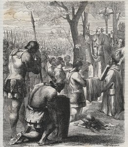 Otto I, císař Svaté říše římské přijímá přijímání před bitvou u Lechfeldu (955) - Německý císař Otton I. (Othon) (912-973) přijal přijímání před bitvou u Lechfeldu v roce 955 - rytina 1864 od Anonymous Anonymous