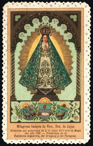 Zbožný obrázek: “” zastoupení Nuestra Senora (Naší Paní) z Lujanu, ochránkyně Argentiny, Paraguaye a Uruguaye”” Soukromá sbírka Dentelee Card od Anonymous Anonymous