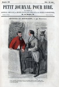 Politická a sociální karikatura během Druhého císařství. „“Umělec a buržoazní““: rozhovor mezi amatérem buržoazního umění (mecene). Rytina do „“ Petity Journal pour rire““ od Anonymous Anonymous