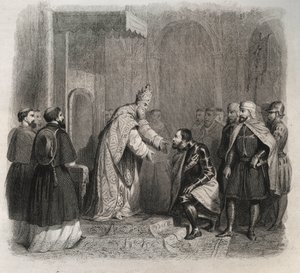 Papež sv. Pius V. (Pius nebo Pio) (1566-1572) přijímající vítěze bitvy u Lepante. Rytina z roku 1846 v „Životech svatých““. Soukromá sbírka. od Anonymous Anonymous