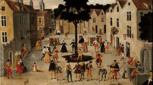 Populární tradice: “”Oblíbená slavnost kolem Arbre de Mai (jilmu) v Paříži”” Anonymní obraz. Slunce 16. století. 0,7x1,3 m Paříž, Musee Carnavalet od Anonymous Anonymous