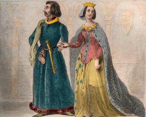 Portrét Charlotte de Savoie (1441-1483) královny Francie, s Ludvíkem XI. Francouzským, známým jako Prudent (1423-1483). Rytina z roku 1859 v „“ Le Monde. Dějiny všech národů od nejvzdálenějších dob až po současnost“. od M. E. de Lostalot-Bachoue. od Anonymous Anonymous