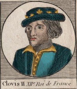 Portrét Chlodvíka II., krále franků (v.633-657) - Chlodvíka II. (asi 634-657), merovejského franského krále Neustrije a Burgundska (639-657) - rytina z “” Instruction sur l
