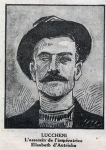 Portrét Luigiho Lucheniho (1873-1910), italského anarchisty, v roce 1898 vraha Elisabeth de Wittelsbach, rakouské císařovny známé jako Sissi. Rytina do „“L