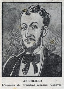 Portrét Michele Angiolillo Lombardi dit Jose Sants nebo Rinaldini, italský anarchista (1871-1897) atentátník na prezidenta Španělské rady Antonia Canovas del Castillo (1828-1897). Rytina do „“L