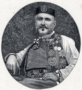 Portrét Mikuláše I. Černé Hory (Nikola I Petrovic-Njegos) (Petrovic Njegos) (1841-1921), knížete Černé Hory a Berdy. Rytina do „Les Missions Catholiques au XIXeme Siecle““ od Louis-Eugene (Louis Eugene) Louvet. soukromá sbírka. od Anonymous Anonymous