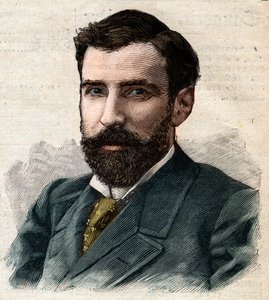 Portrét Pietra Paola Savorgnana de Brazza nebo Pierre Paul Francois Camille Savorgnan de Brazza ve francouzštině (1852-1905), generální guvernér Francouzského Konga. Rytina "" Le Petro Parisien "" od Anonymous Anonymous