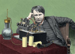 Portrét Thomase Edisona (1847-1931), amerického fyzika, s jeho fonografem. Rytina kolem roku 1900. od Anonymous Anonymous