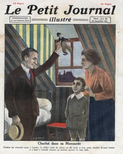 Portrét herce Charlieho Chaplina, který cestuje do Londýna, navštíví svůj bývalý pokoj a nabízí dítěti z rodiny malou panenku Charlot. Ilustrace převzata z „Le petit journal illustrious“““ z 23.9.1921. Soukromá sbírka od Anonymous Anonymous