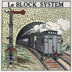 Železnice: blokový systém se používá kolem velkých měst, aby se zabránilo kolizím. Anonymní ilustrace z roku 1925. Soukromá sbírka. od Anonymous Anonymous