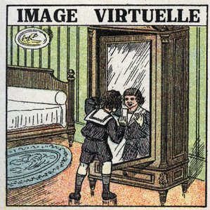 Odraz světla: virtuální obraz. Dítě uvažuje o svém odrazu v zrcadle. Anonymní ilustrace z roku 1925. Soukromá sbírka. od Anonymous Anonymous