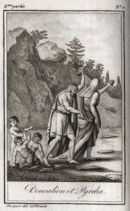 Reprezentace Deucaliona a Pyrrhy, kteří jako jediní přežili po potopě způsobené Zeusem, aby zničil lidskou rasu. Themis je po potopě požádá, aby chodili s hlavou pokrytou tím, že za ně hodí kosti své matky (kameny Země) (Re od Anonymous Anonymous