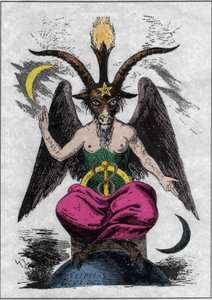 Znázornění Bafometa: monstrum s kozí hlavou a ženským tělem s alchymistickými citáty na pažích „solve“ a „coagula“, listnatý list mezi nohama a pentagram na čele. Ďábel Eliphase Leviho (Alphonse Louis (Alphonse Lo od Anonymous Anonymous