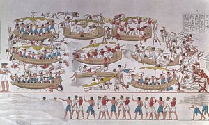 Znázornění bitvy u delty Nilu mezi Armees of Ramses III a národy moře“ Od reliéfu k pohřebnímu chrámu Medinet Habou, Egypt od Anonymous Anonymous