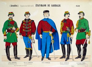 Risorgimento: Generální štáb Giuseppe Garibaldiho (1807-1882). Hrdiny italské Unite jsou zastoupeni obklopeni svými dvěma syny Menottim a Riciottim, generálem Bordonem a plukovníkem Canziem. Rytina kolem roku 1870 Paříž, Musee Carnavalet od Anonymous Anonymous