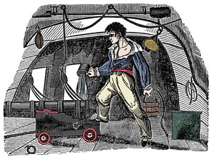 Sabotáž: Námořník vrhající vodu na střelný prach Rytina od Charlese Ellmse „The Pirates Own Book“ od Anonymous Anonymous