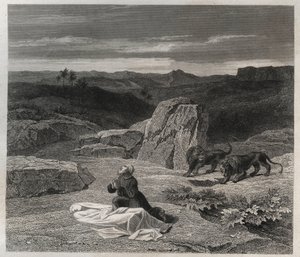Svatý Antonín Abbe (Svatý Antonín Veliký (250/251-356) (nebo Svatý Antonín Poustevník) pohřbil svatého Pavla Thébského v poušti, rytina z roku 1846 v „Životech svatých“ Soukromá sbírka. od Anonymous Anonymous
