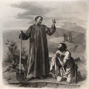 Svatý Benedikt z Nursie vítá Totilu (6. století), krále Ostrogótů. Rytina z roku 1846 v „Životech svatých““. Soukromá sbírka. od Anonymous Anonymous