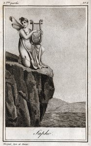 Sapho (nebo Sappho, 7. stol. př. n. l.), řecký básník antiky. Rytina z roku 1819 v „Lettres a Emilie sur la mythologie“ od Charlese Alberta Demoustiera (1760-1801). Soukromá sbírka. od Anonymous Anonymous