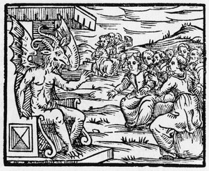 Satan oslovuje čaroděje - „Compendium Maleficarum“, pojednává o čarodějnicích, jejich zlu a jejich údělech od Francesca Maria Guazza nebo Guacca nebo Guaccius (15?? -16??) 1608 Soukromá sbírka od Anonymous Anonymous