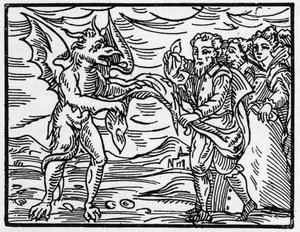 Satan svlékl čaroděje z oděvu – „Compendium Maleficarum“, pojednání o čarodějnicích, jejich zlu a jejich údělech od Francesca Maria Guazza nebo Guacca nebo Guaccius (15?? -16??) Soukromá sbírka 1608 od Anonymous Anonymous